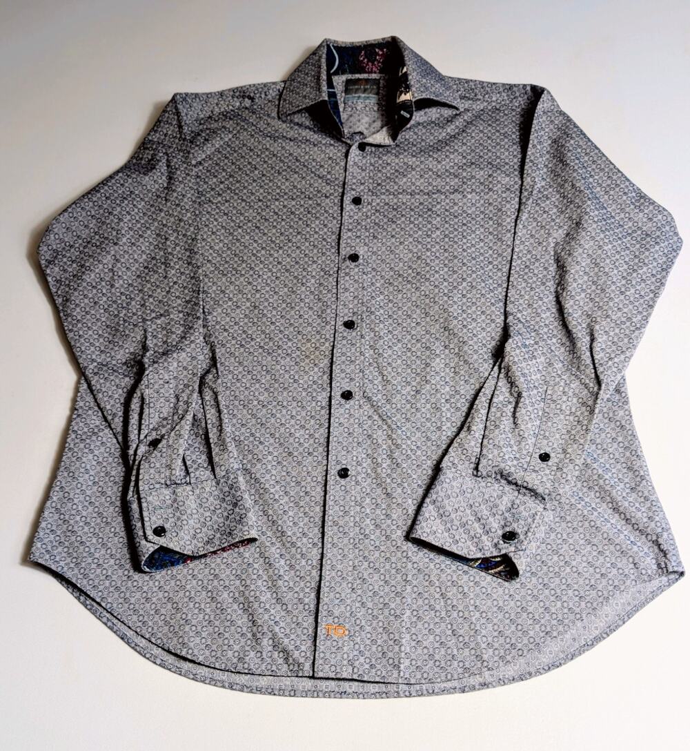 TD THOMAS DEAN COTTON FLIP CUFF LONG SLEEVE BUTTON UP SHIRT MEN LARGE GREY
